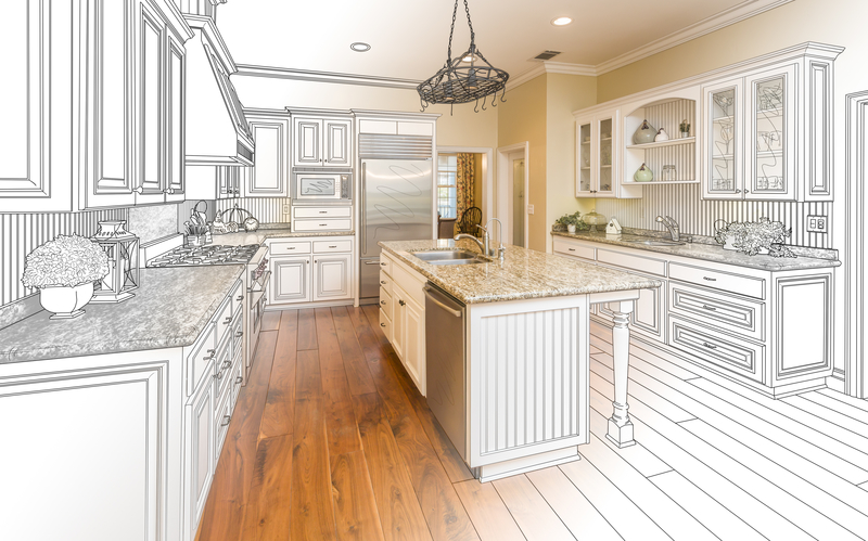 Colored plans of a kitchen with ideas for the cabinets, flooring, and countertops.