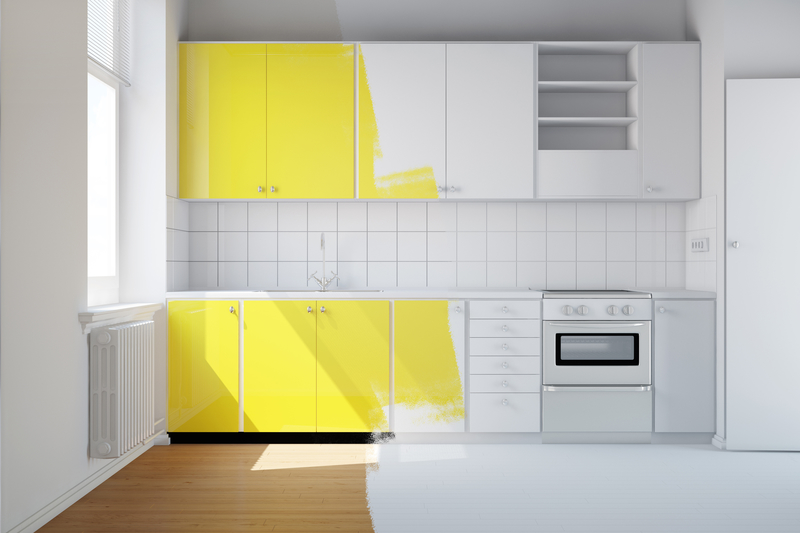 Sketch of a kitchen being remodeled with yellow cabinets and brown flooring