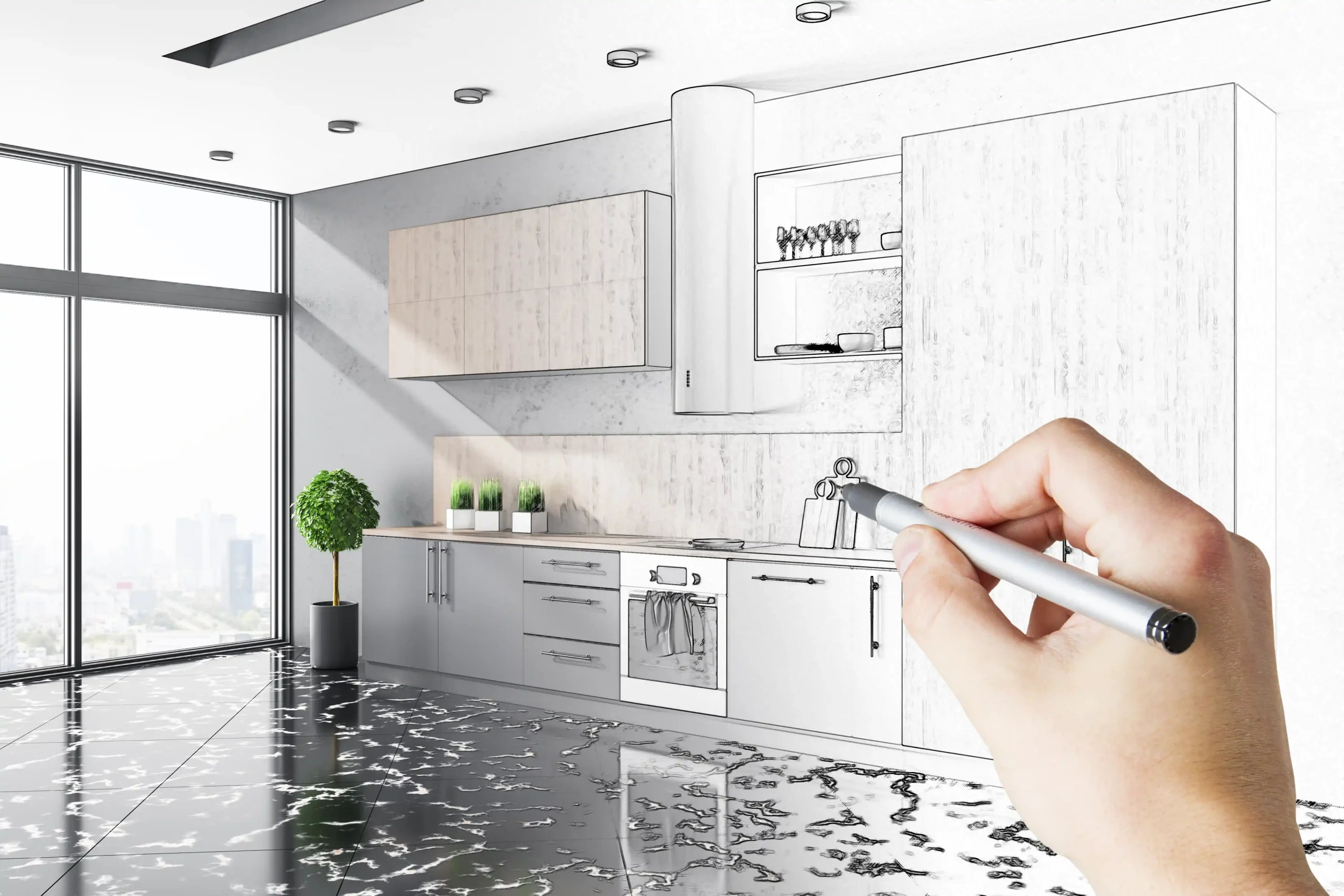 A hand holding a pen appears to sketch a modern kitchen design. The room features sleek cabinets, a stove, and lush plants with a cityscape view.