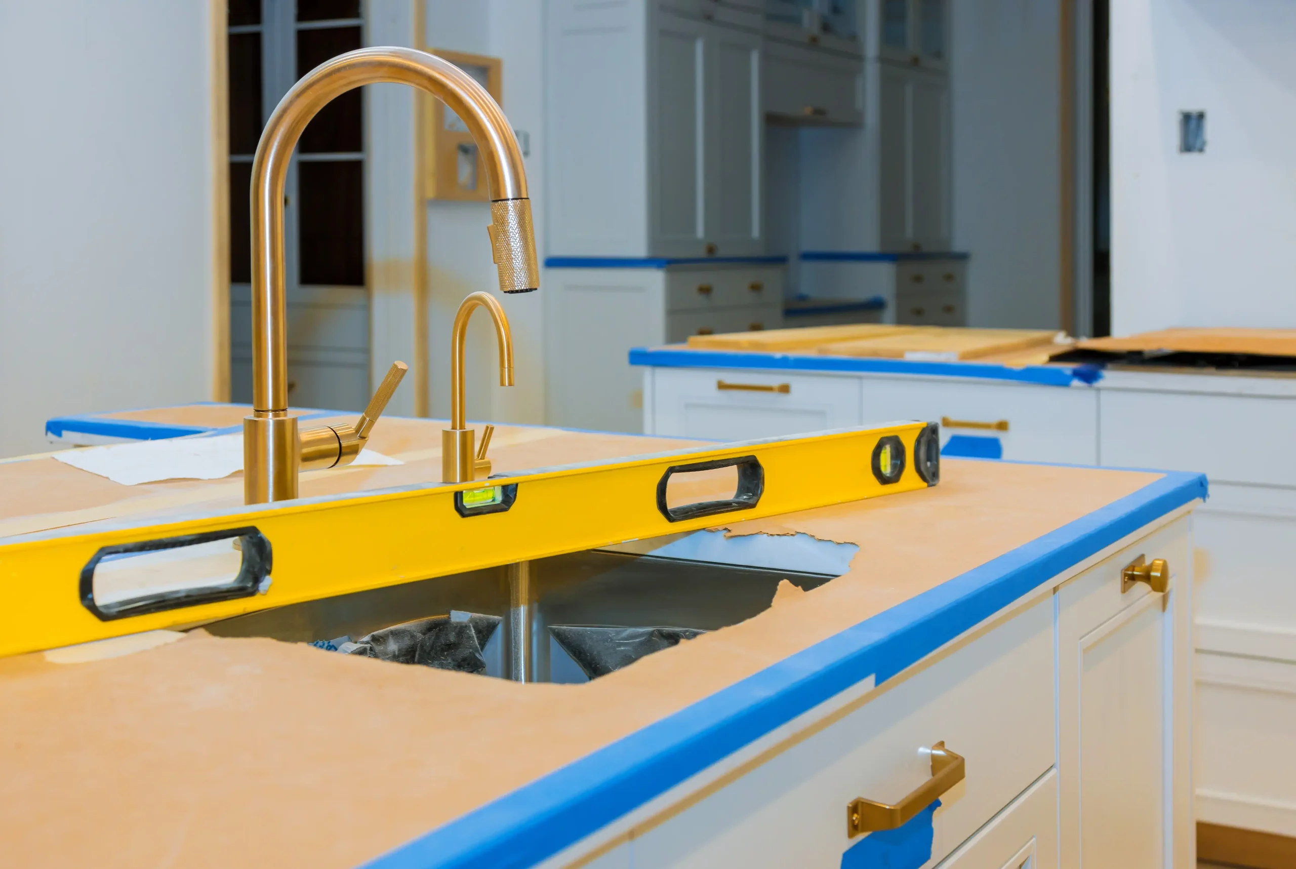 Kitchen under renovation with a new gold faucet, yellow spirit level on a blue-taped countertop, and cabinets in the background. The scene conveys construction progress.