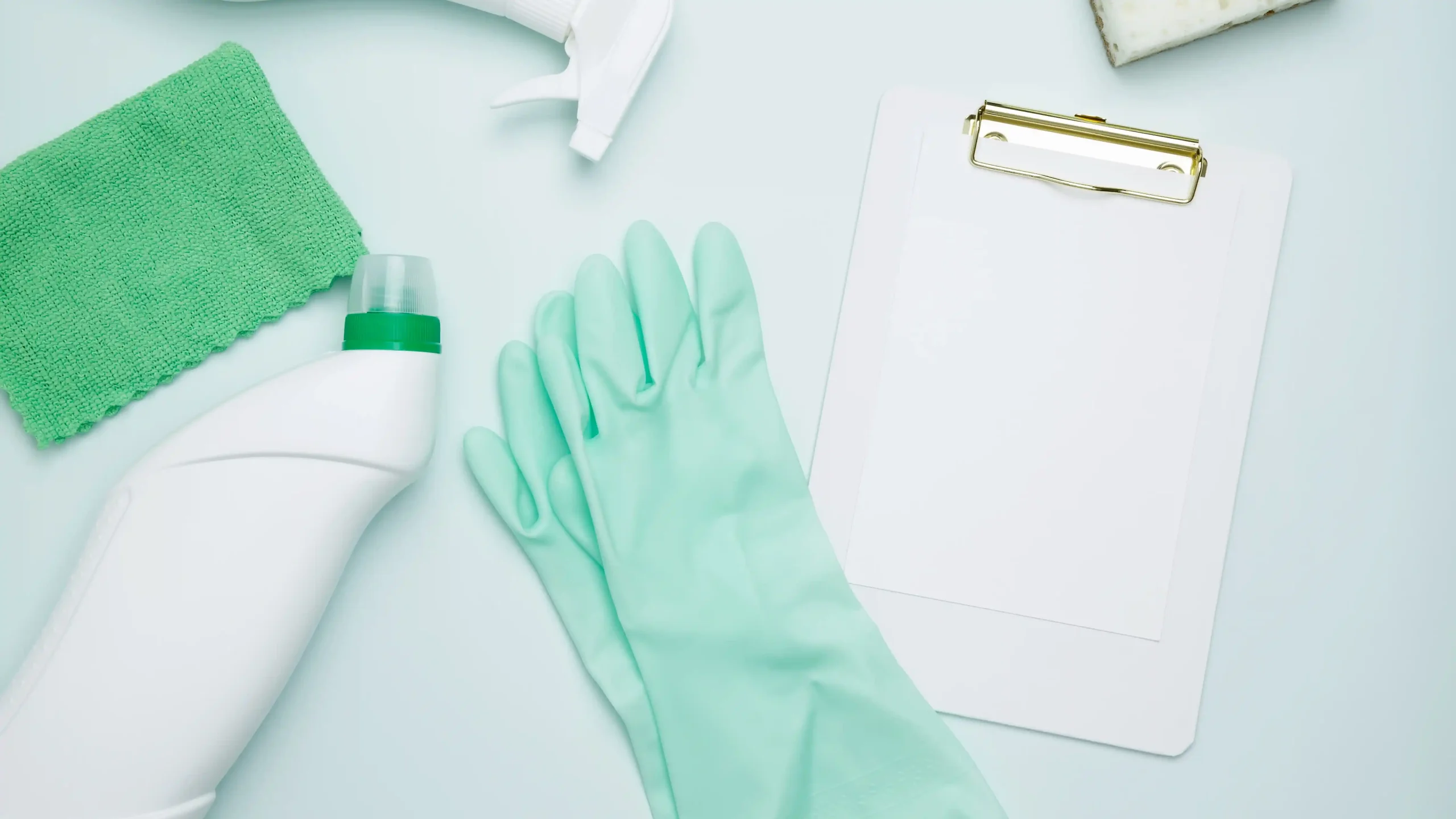 Cleaning supplies are neatly arranged on a light background, including a green cloth, spray bottle, gloves, detergent bottle, and clipboard, conveying cleanliness.