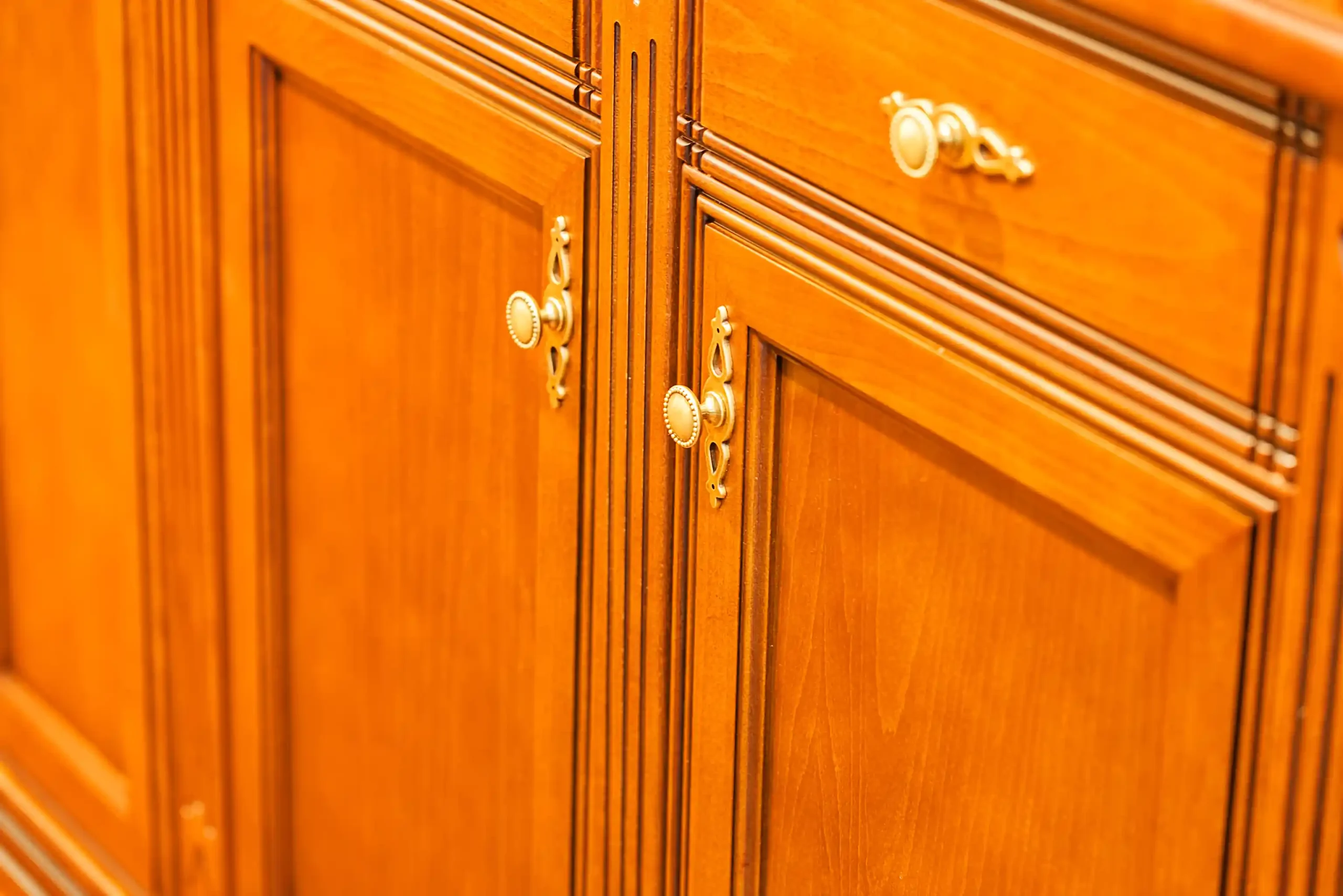 Close-up of elegant wooden cabinet doors with intricate carvings and ornate metal handles, showcasing craftsmanship and a warm, classic aesthetic.