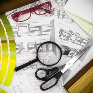 A desk with design sketches of cabinets, red glasses, a color swatch, scissors, and a magnifying glass, conveying a creative workspace vibe.