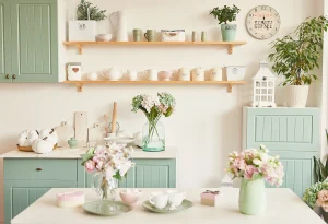 Bright kitchen with pastel green cabinets, open shelves displaying mugs and teapots, and flowers on the table. Rustic and inviting atmosphere.